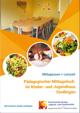 Flyer pädagogischer Mittagstisch im Kinder- und Jugendhaus Sindlingen. Mittagessen und Lernzeit.