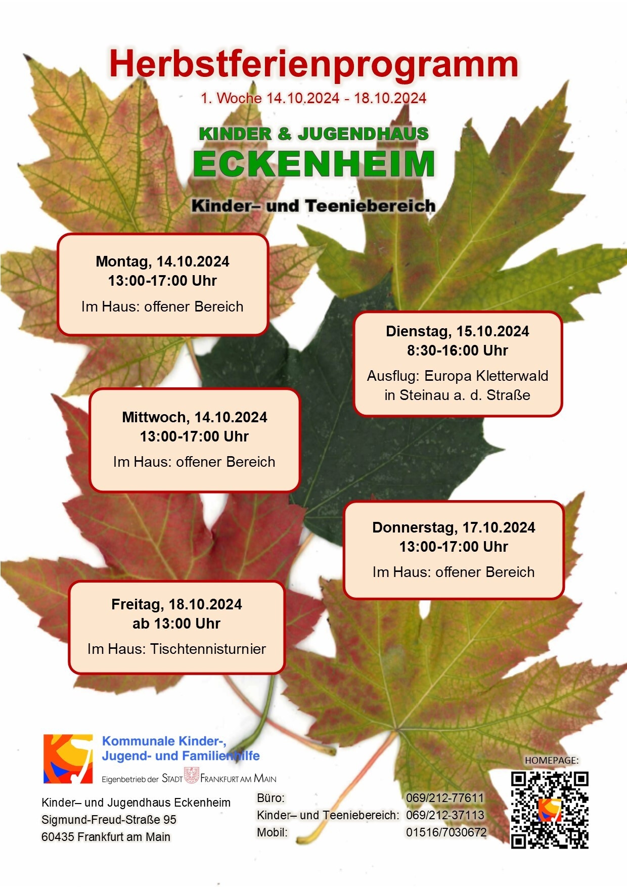 Programm Herbstferien 2024, Kinder- und Jugendhaus Eckenheim, Kinder- und Teeniebereich, 1.Woche,